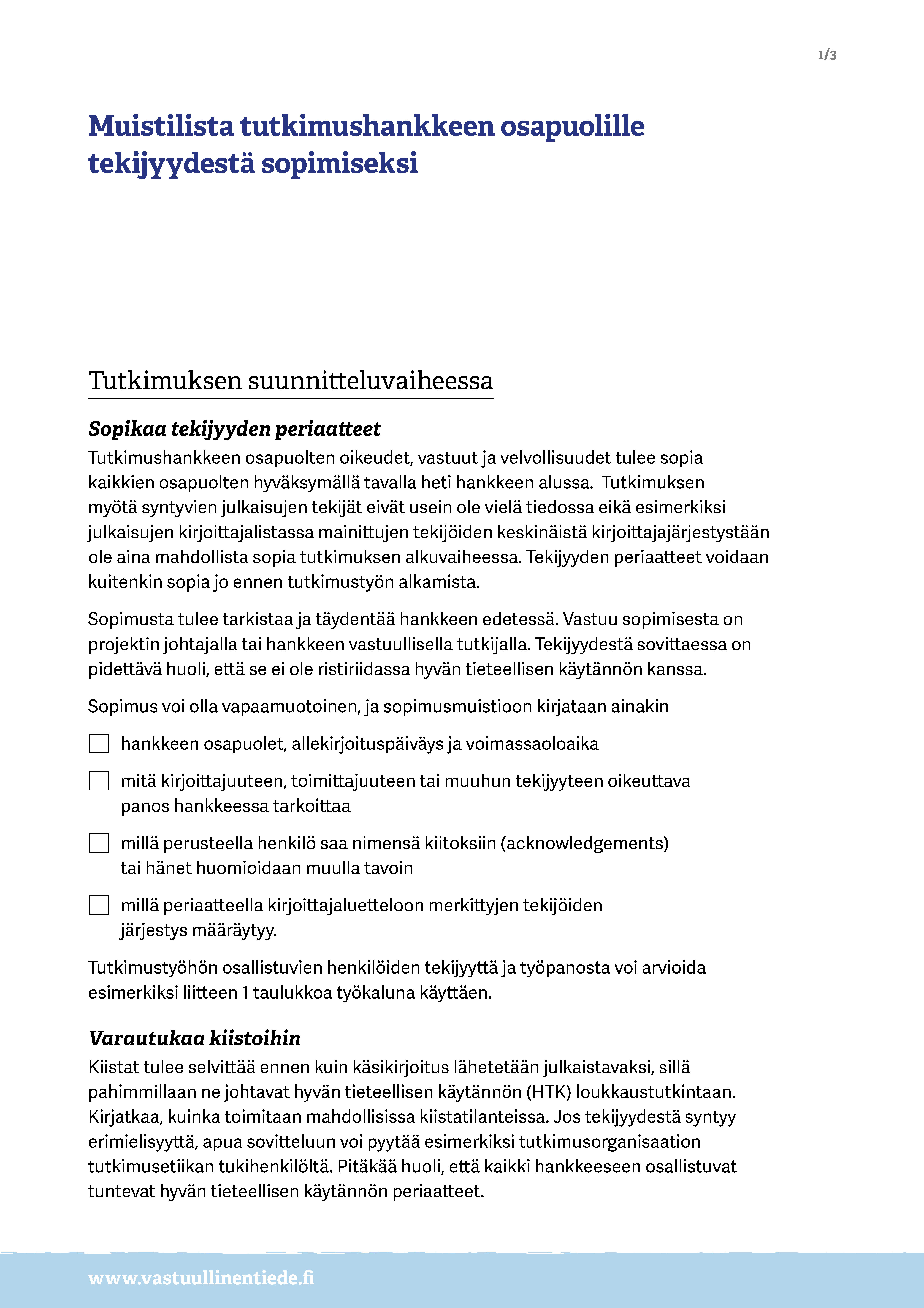 Muistilista tekijyydestä sopimiseksi sivu 1