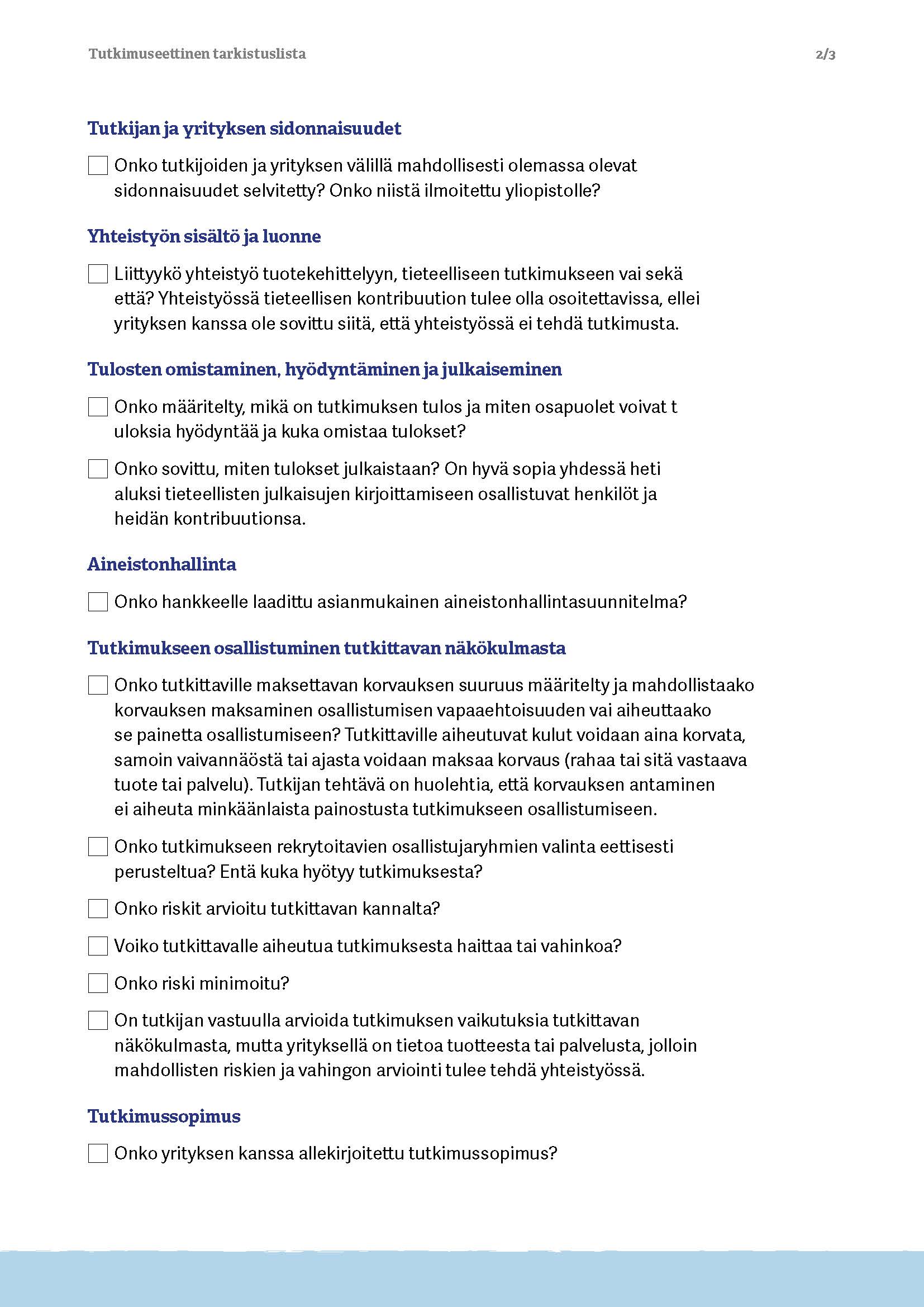 Tutkimuseettinen tarkistuslista yritysyhteistyönä tehtävään ihmistieteelliseen tutkimukseen 2